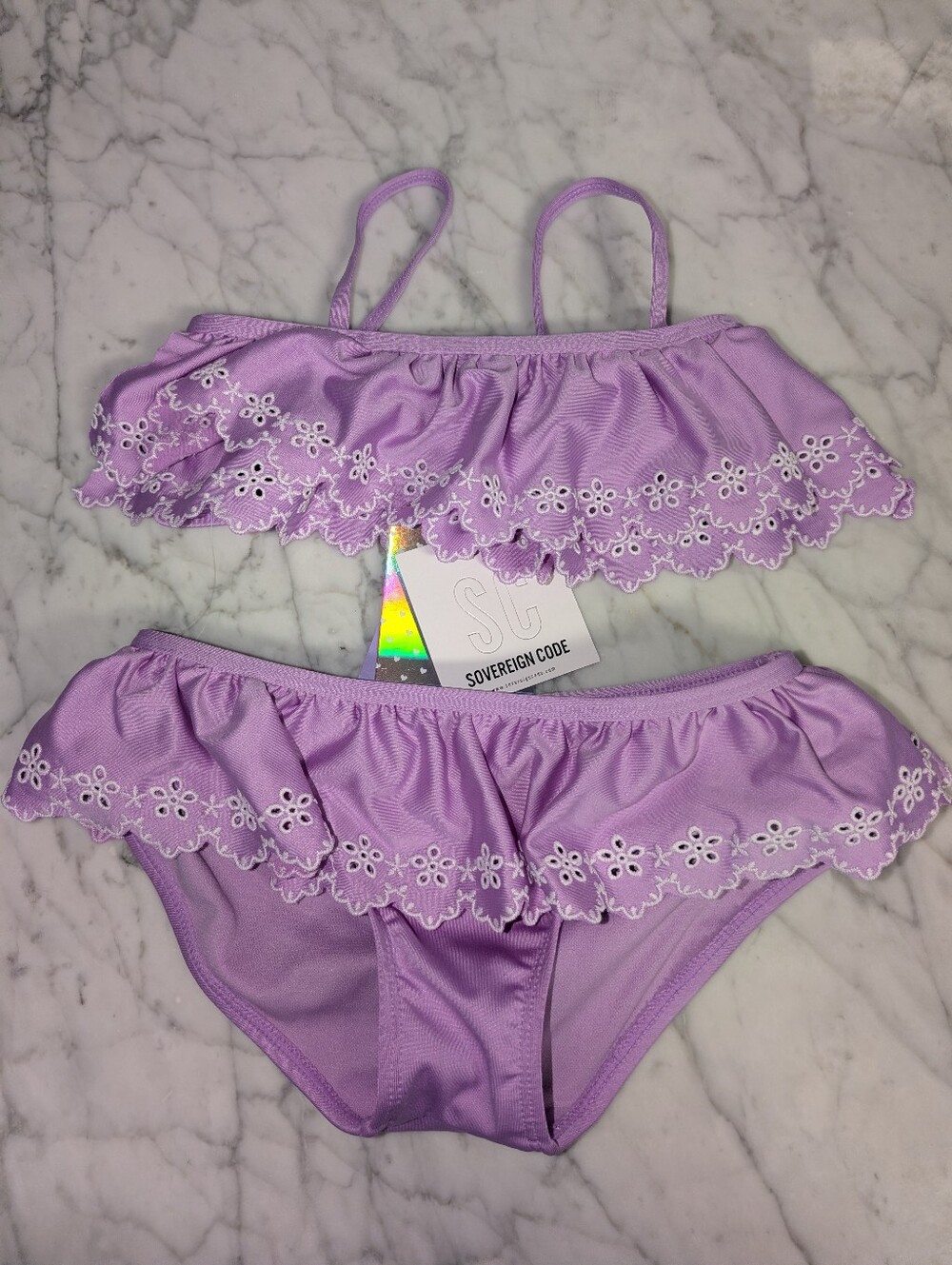 🆕 Sovereign Code Lilac Ruffled Eyelet Two-Piece Tiered Swim Suit Girls Size 5